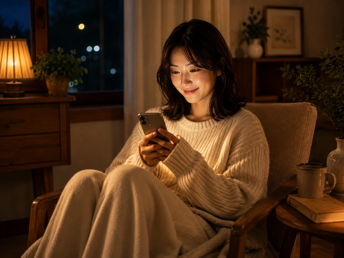 저녁 무렵 의자에 앉아 휴대폰 화면의 빛을 받으며 오늘의 기록을 음미하는 모습